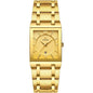 Men’s square date watch with gold dial and gold metal link bracelet