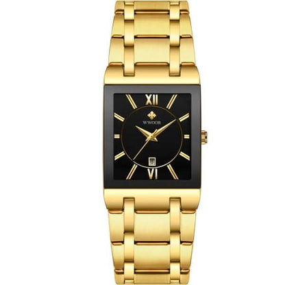 Men’s square date watch with black dial and gold-tone metal link bracelet