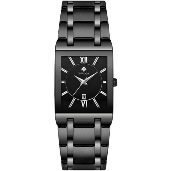 Men’s square date watch with black dial and black metal link bracelet