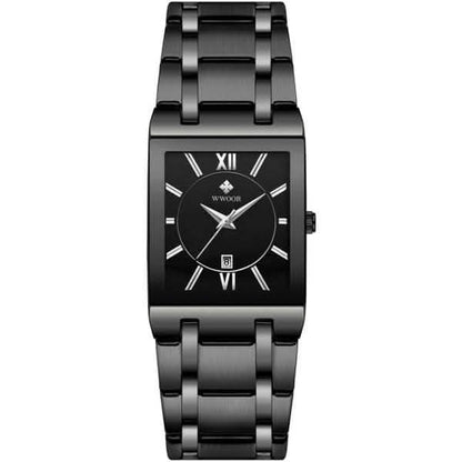Men’s square date watch with black dial and black metal link bracelet