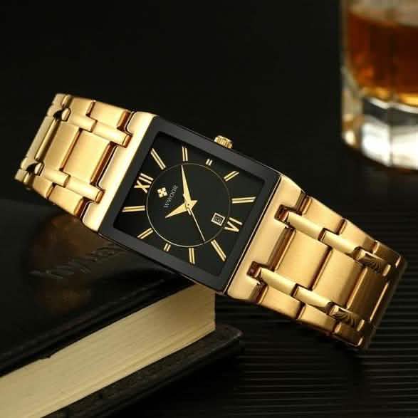 Men’s square date watch with black dial and gold-tone metal link bracelet