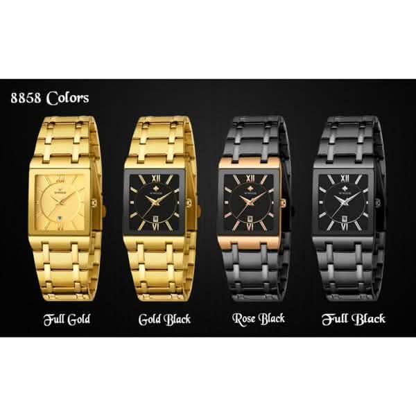Men’s square date watch color options shown on four black and gold styles