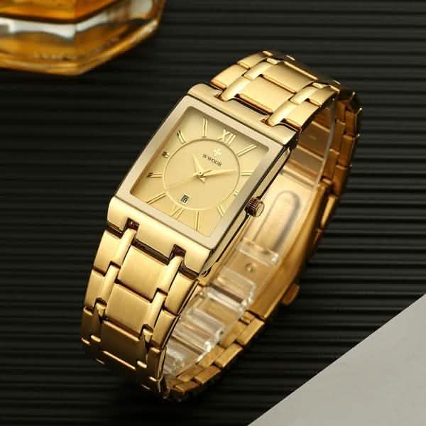 Men’s square date watch with gold dial and gold metal link bracelet