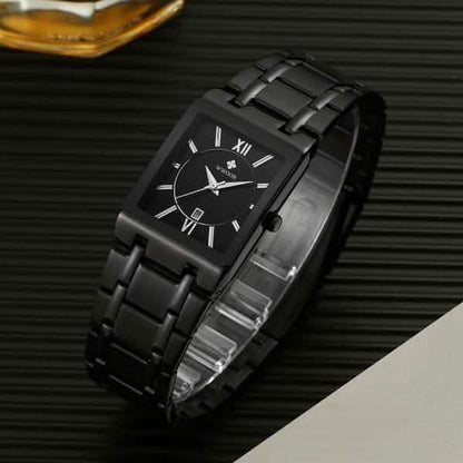 Men’s square date watch with black dial and black metal link bracelet