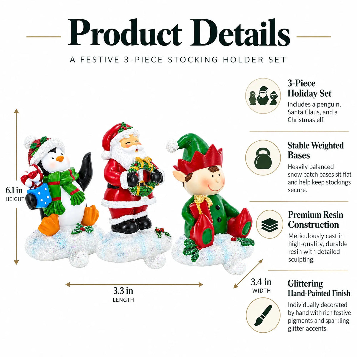 Set of 3 Christmas Stocking Holders - Santa Penguin Elf Mantel Hooks