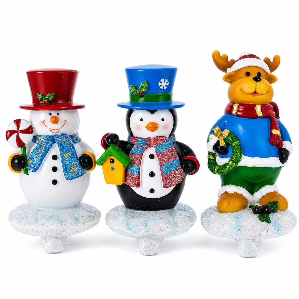Set of 3 Christmas Stocking Holders - Snowman Penguin Reindeer Mantel Hooks