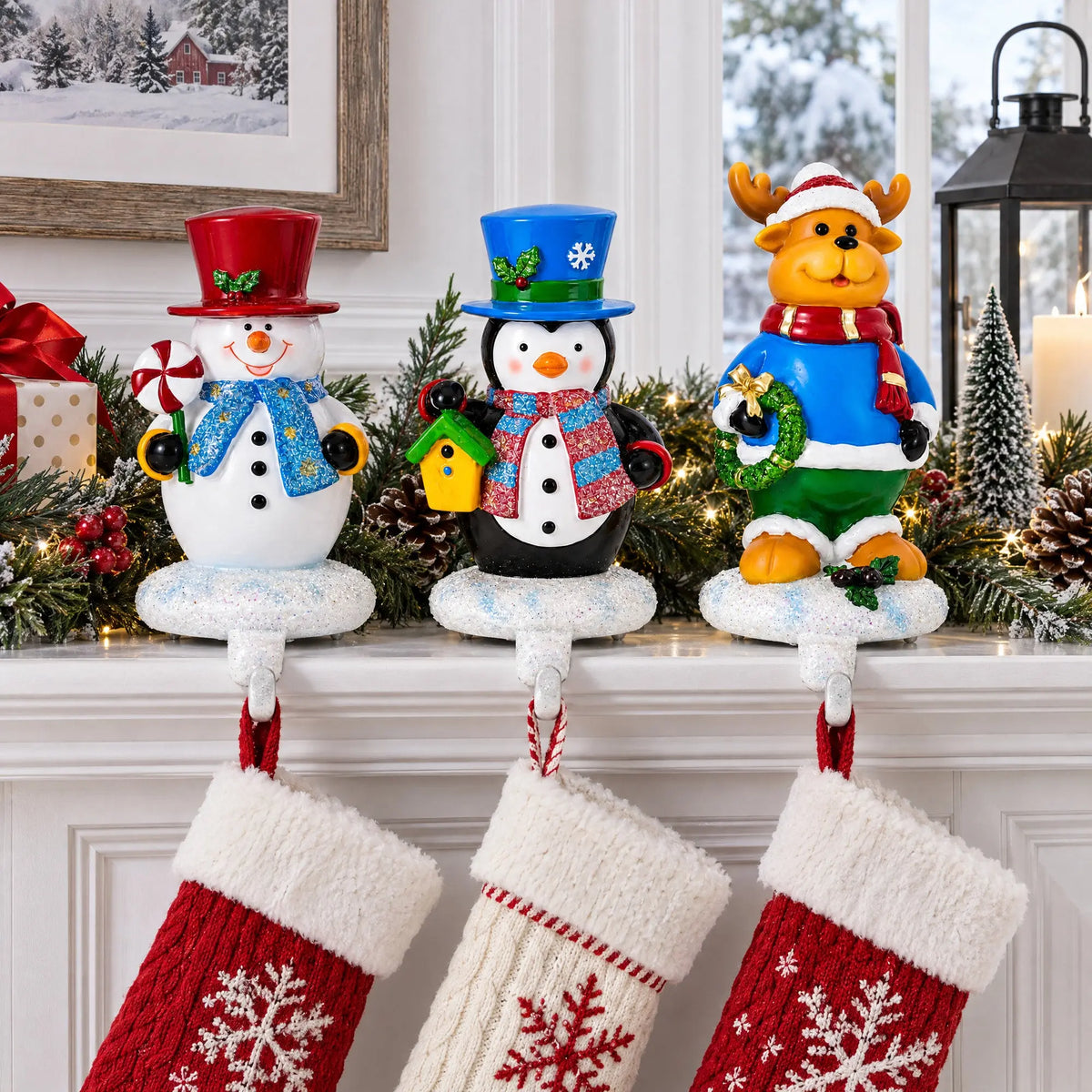 Set of 3 Christmas Stocking Holders - Snowman Penguin Reindeer Mantel Hooks