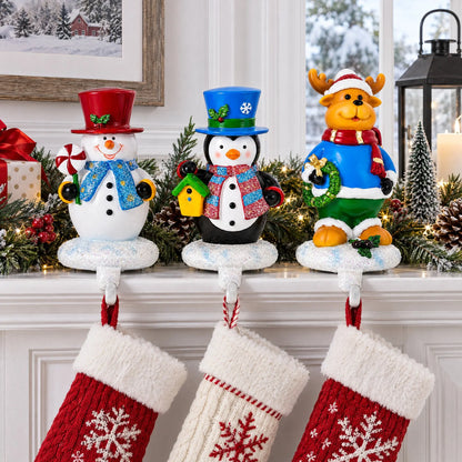 Set of 3 Christmas Stocking Holders - Snowman Penguin Reindeer Mantel Hooks