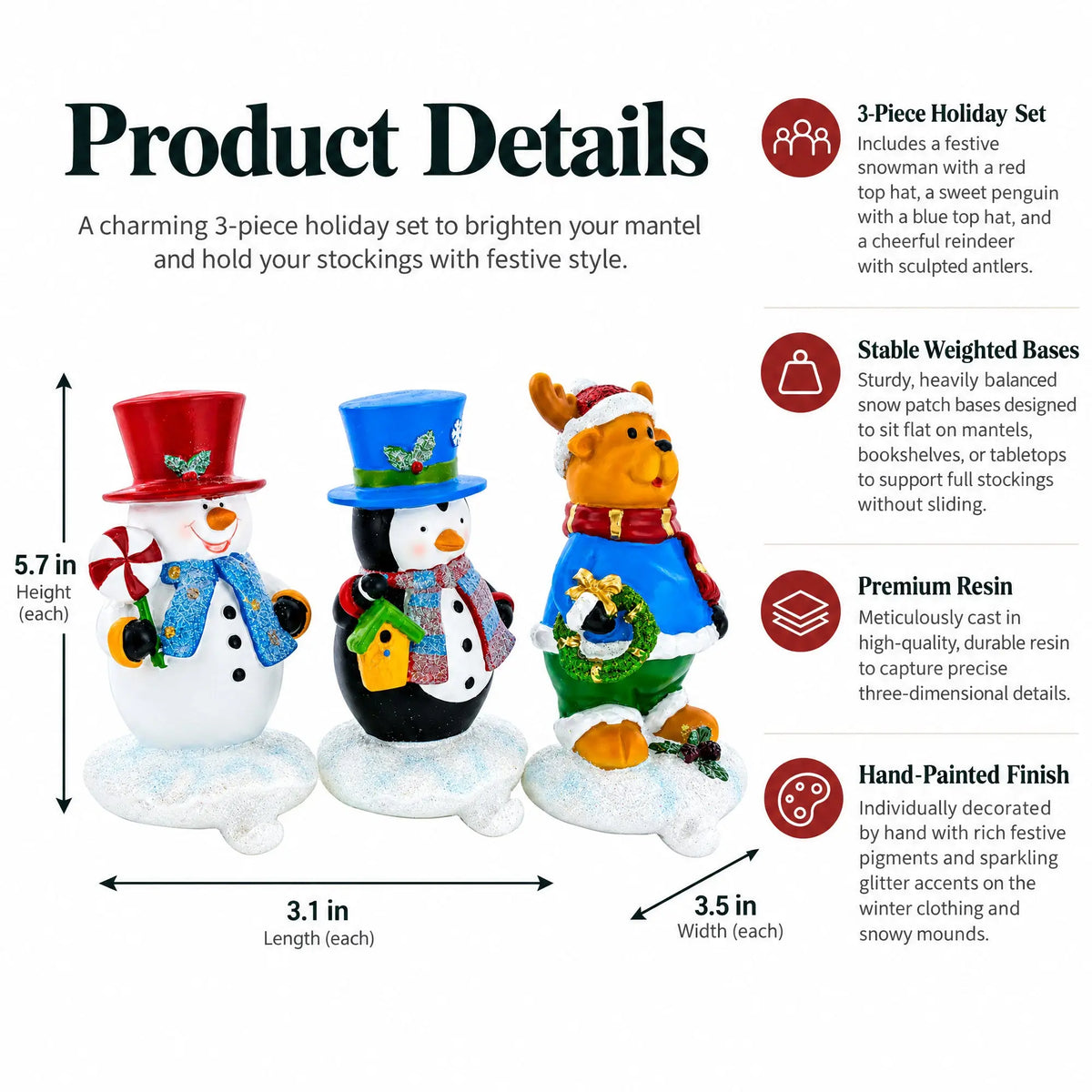 Set of 3 Christmas Stocking Holders - Snowman Penguin Reindeer Mantel Hooks