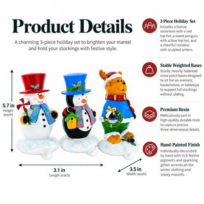 Set of 3 Christmas Stocking Holders - Snowman Penguin Reindeer Mantel Hooks