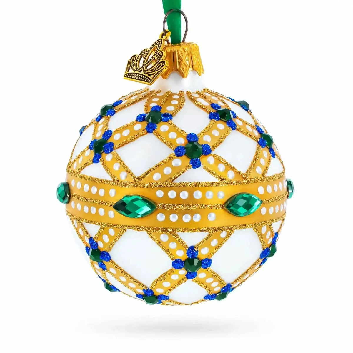 Yellow Trellis, Green Gems & Royal Blue Accents Glass Ball Christmas Ornament 2.4 Inches Cartsfy Inc.