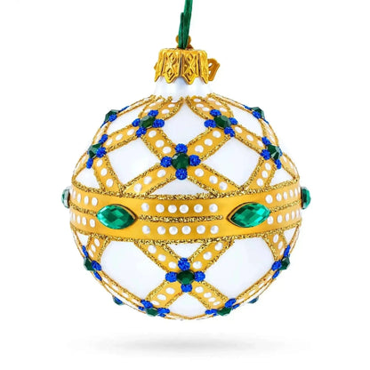 Yellow Trellis, Green Gems & Royal Blue Accents Glass Ball Christmas Ornament 2.4 Inches Cartsfy Inc.