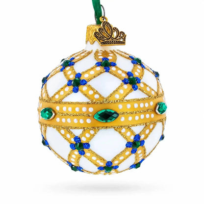Yellow Trellis, Green Gems & Royal Blue Accents Glass Ball Christmas Ornament 2.4 Inches Cartsfy Inc.