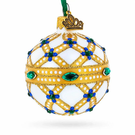 Yellow Trellis, Green Gems & Royal Blue Accents Glass Ball Christmas Ornament 2.4 Inches Cartsfy Inc.
